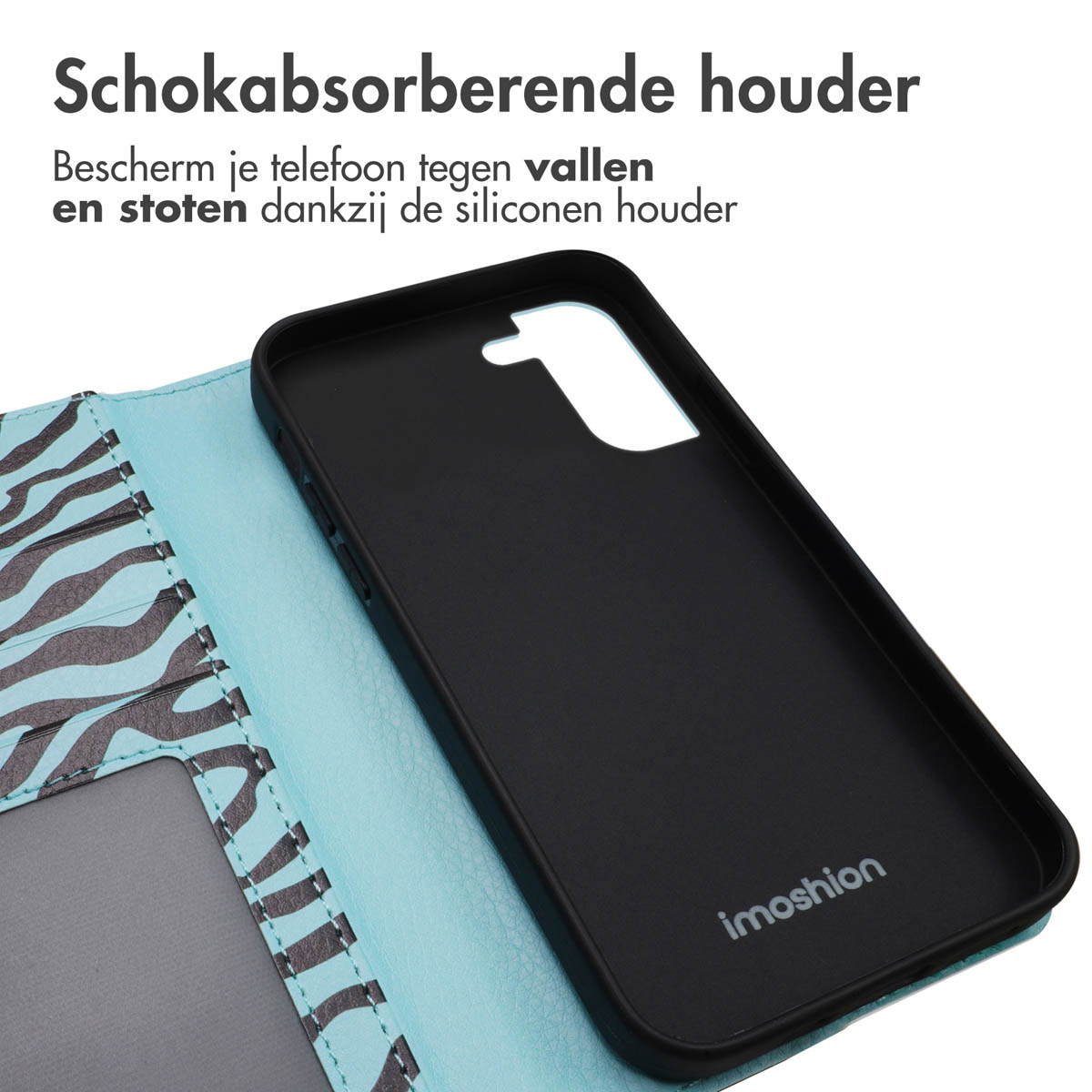 Zwarte telefoonhoes op een blauw-zwart gestreepte telefoonhoes. Open weergave. Zwarte telefoon.