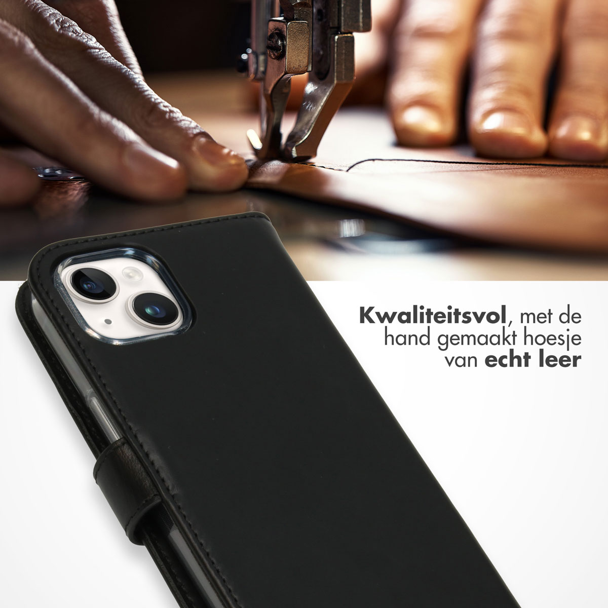 Close-up van een telefoonhoesje dat wordt genaaid. De telefoonhoes is van zwart leer. Een naaimachine is zichtbaar.