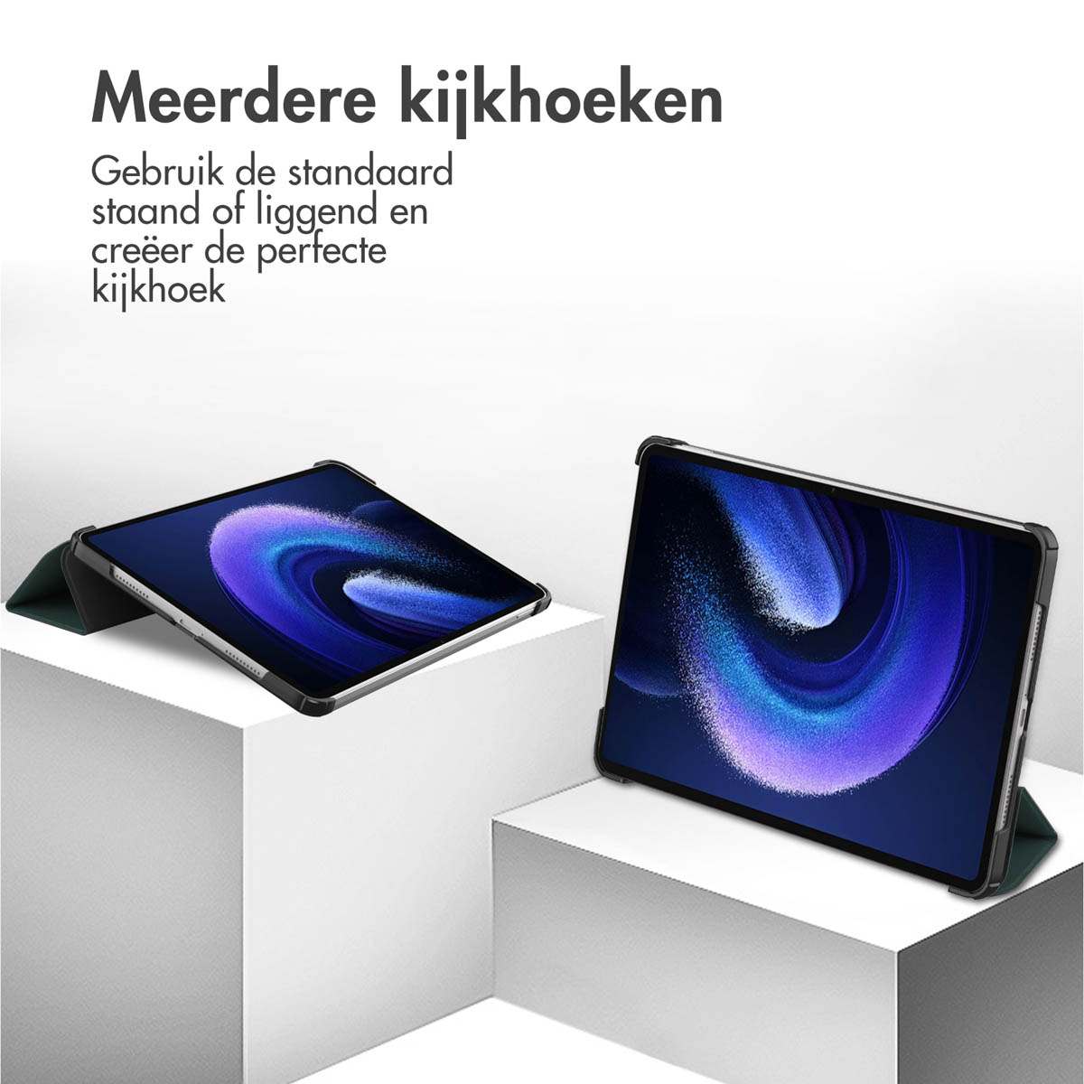 Two tablets in cases are shown on a white surface with the text "Multiple Viewing Angles".