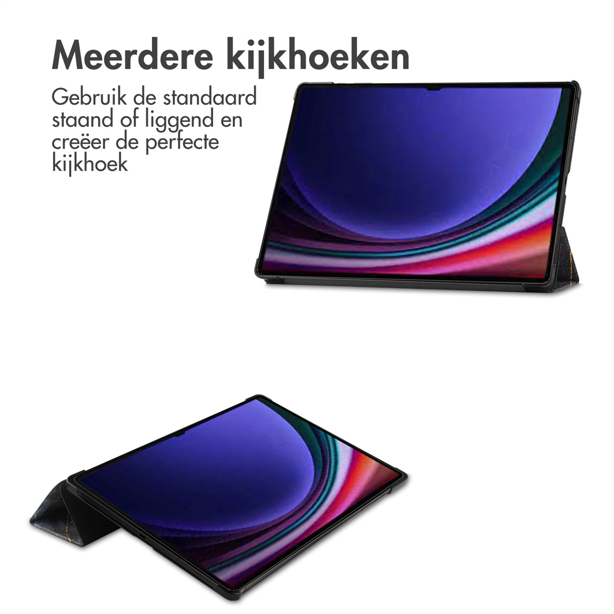 Tablet case, open, in two positions. Displaying a purple and orange image.