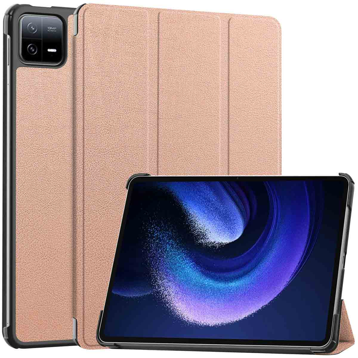 Pink tablet case, with a tablet inside, on a white background.