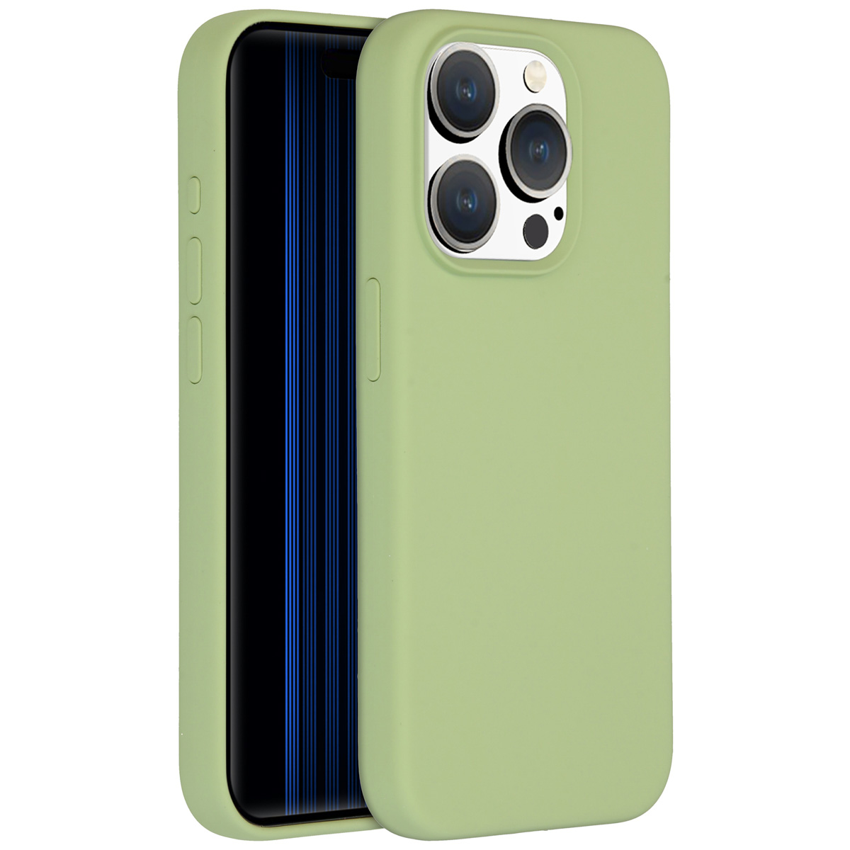 Grüne Handyhülle. Ein Smartphone mit schwarzem Bildschirm ist sichtbar.