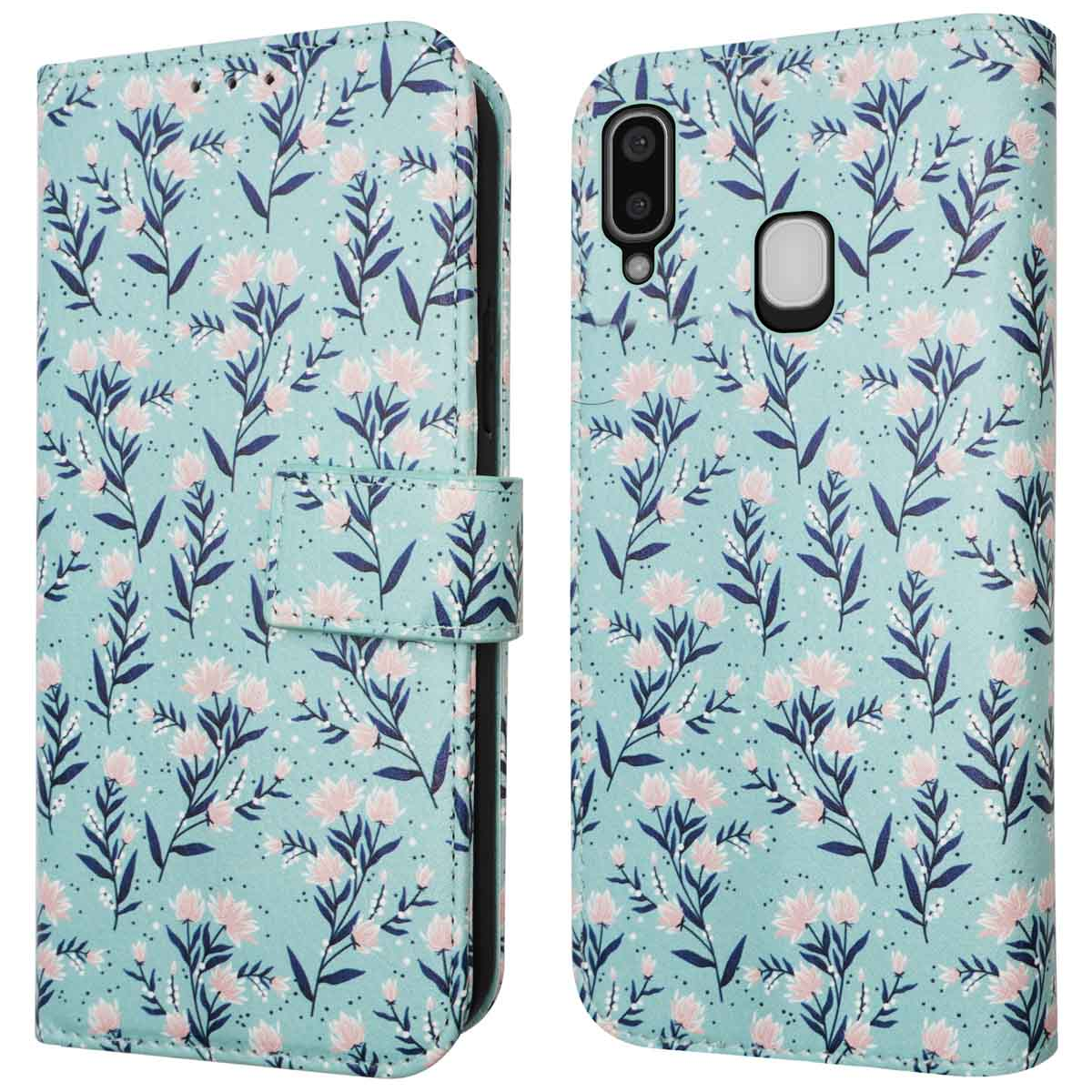 Coque de téléphone à motif floral. Vues ouvertes et fermées. Fond turquoise.
