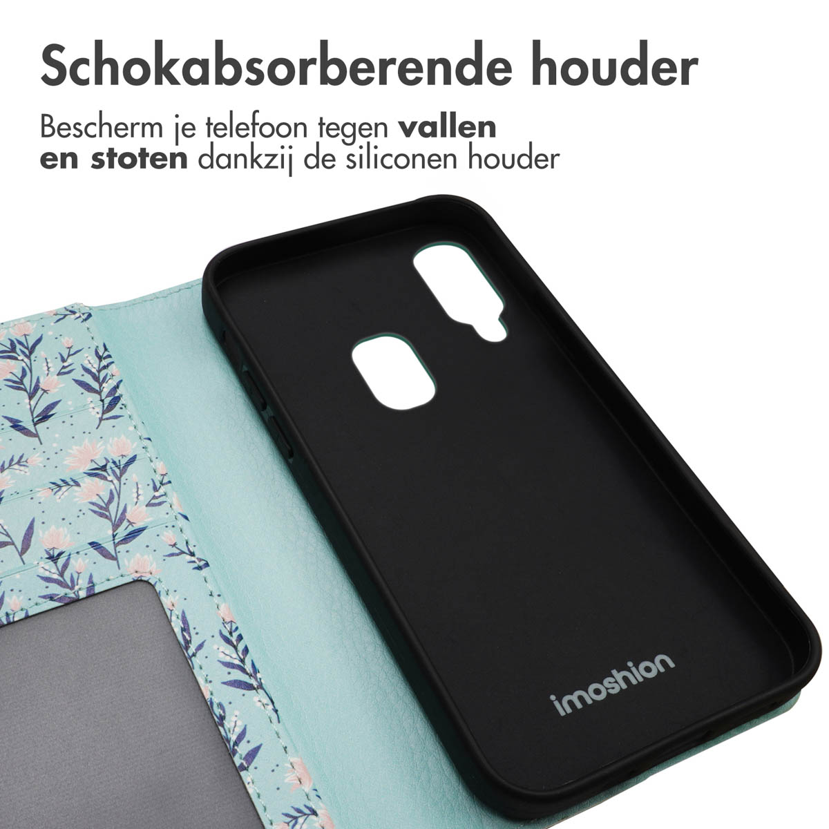 Coque de téléphone noire avec intérieur fleuri bleu. Logo Imoshion visible. La coque est ouverte.