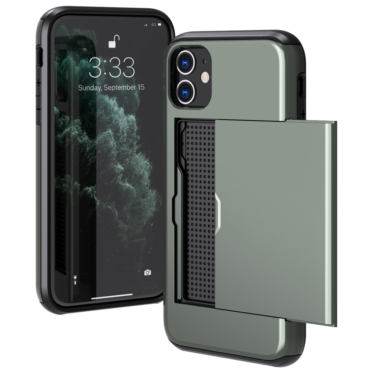 Telefoonhoesje met telefoon erin. De hoes is olijfgroen en heeft een vakje voor kaarten en een standaard.