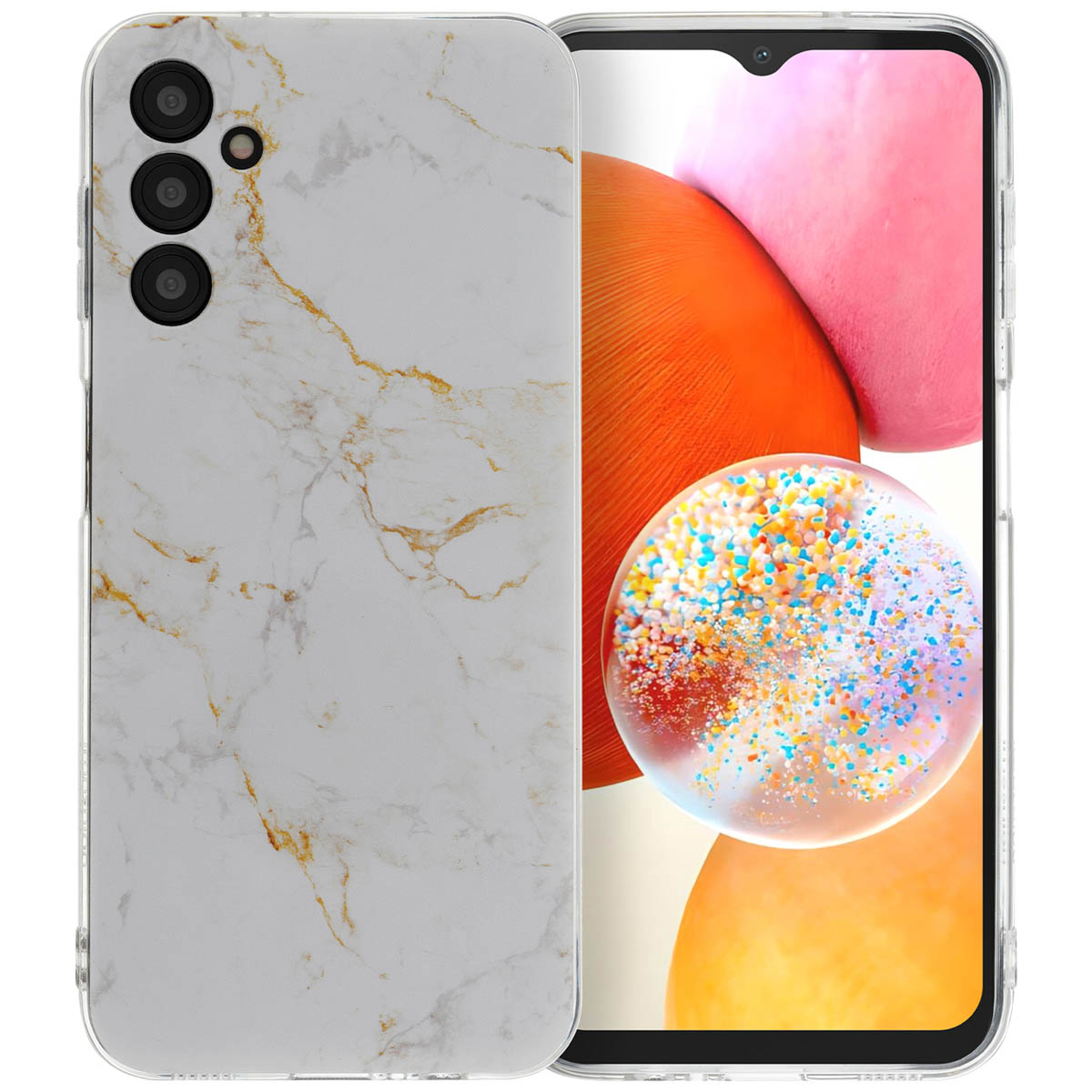 Telefoonhoesje met een wit en goud marmerpatroon op de achterkant en een telefoon met een kleurenscherm.