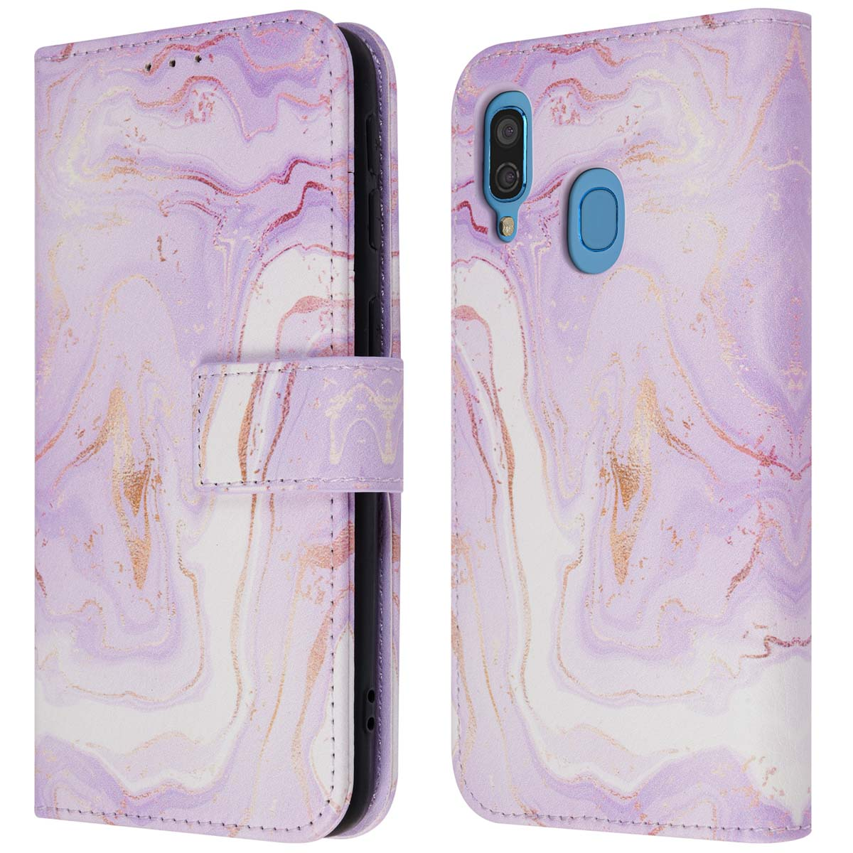 Telefoonhoesje met marmerdesign. Hoesje is open. Paars, goud en wit.