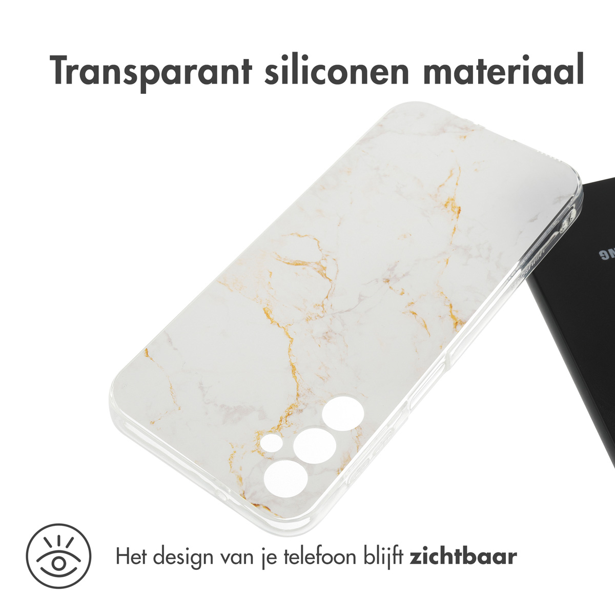 Een doorzichtig telefoonhoesje met een marmerontwerp. De hoes zit over een telefoon. De telefoon heeft een wit en goud ontwerp.