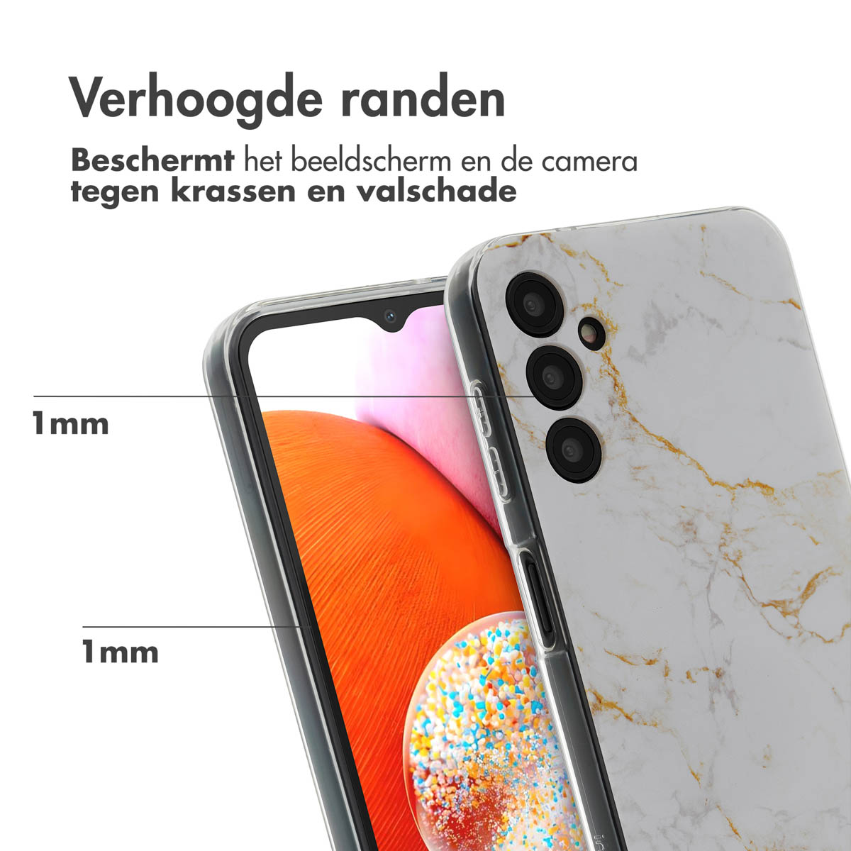 Telefoon in een hoesje met marmerpatroon, met een rand van 1 mm rond het scherm.