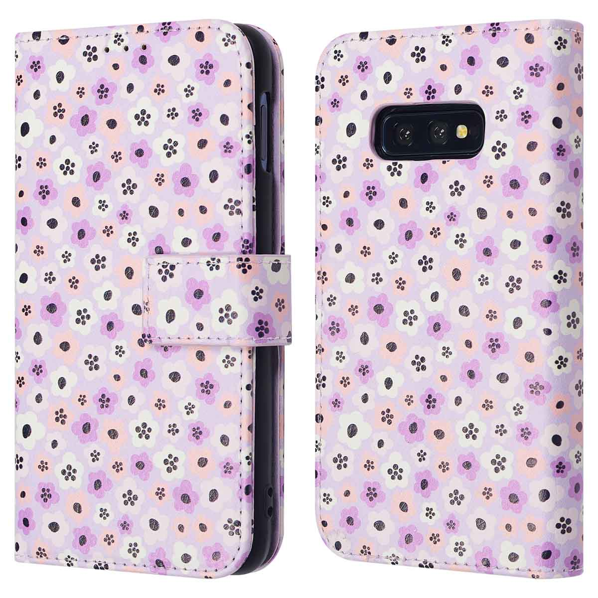 Coque de téléphone ouverte, montrant le téléphone. Motif floral, intérieur violet.