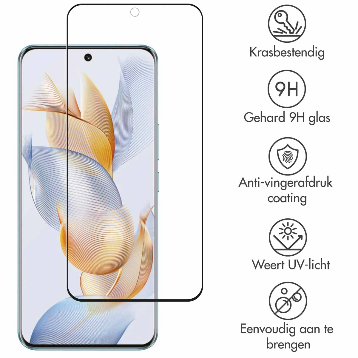 A phone screen protector with icons describing features: scratch-resistant, 9H glass, etc.