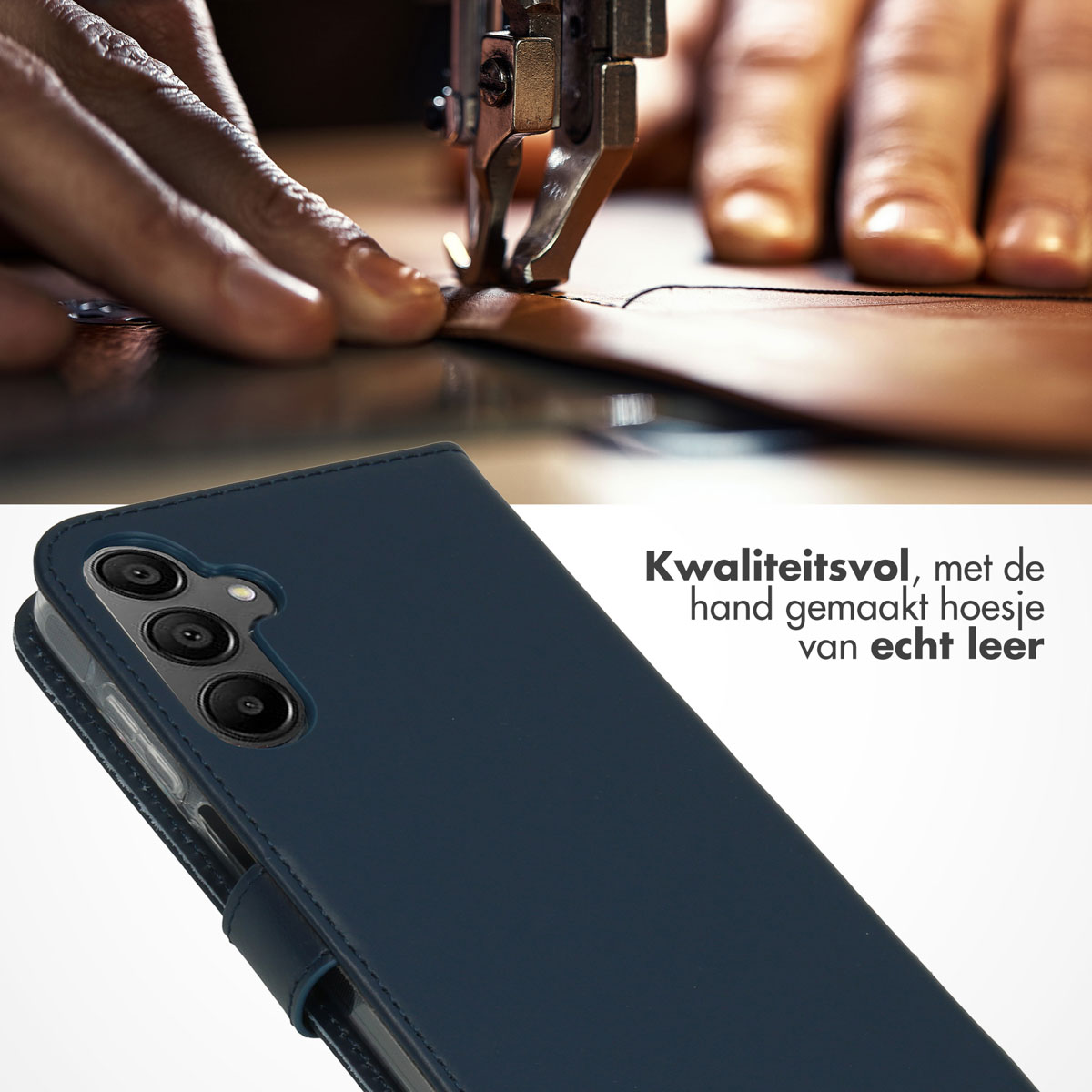 Blaue Leder-Handyhülle mit einem Telefon. Handnähen der Hülle.