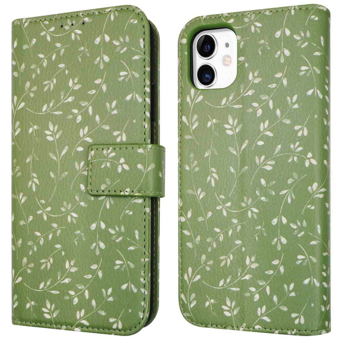 Groene telefoonhoes met wit bladerpatroon, gesloten en geopend, telefoon zit erin.
