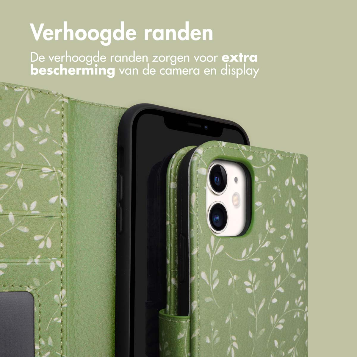 Groene telefoonhoes met bladeren design. Telefoon binnenin. Opstaande rand. Beschermt scherm en camera.