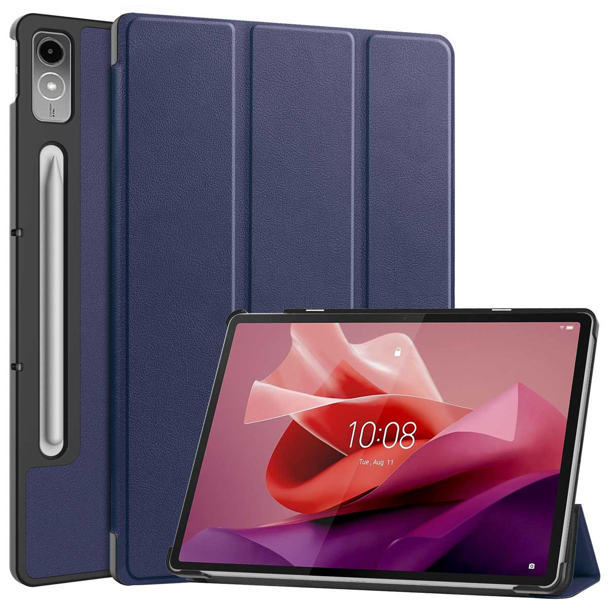 A tablet with a dark blue cover and a stylus is visible.