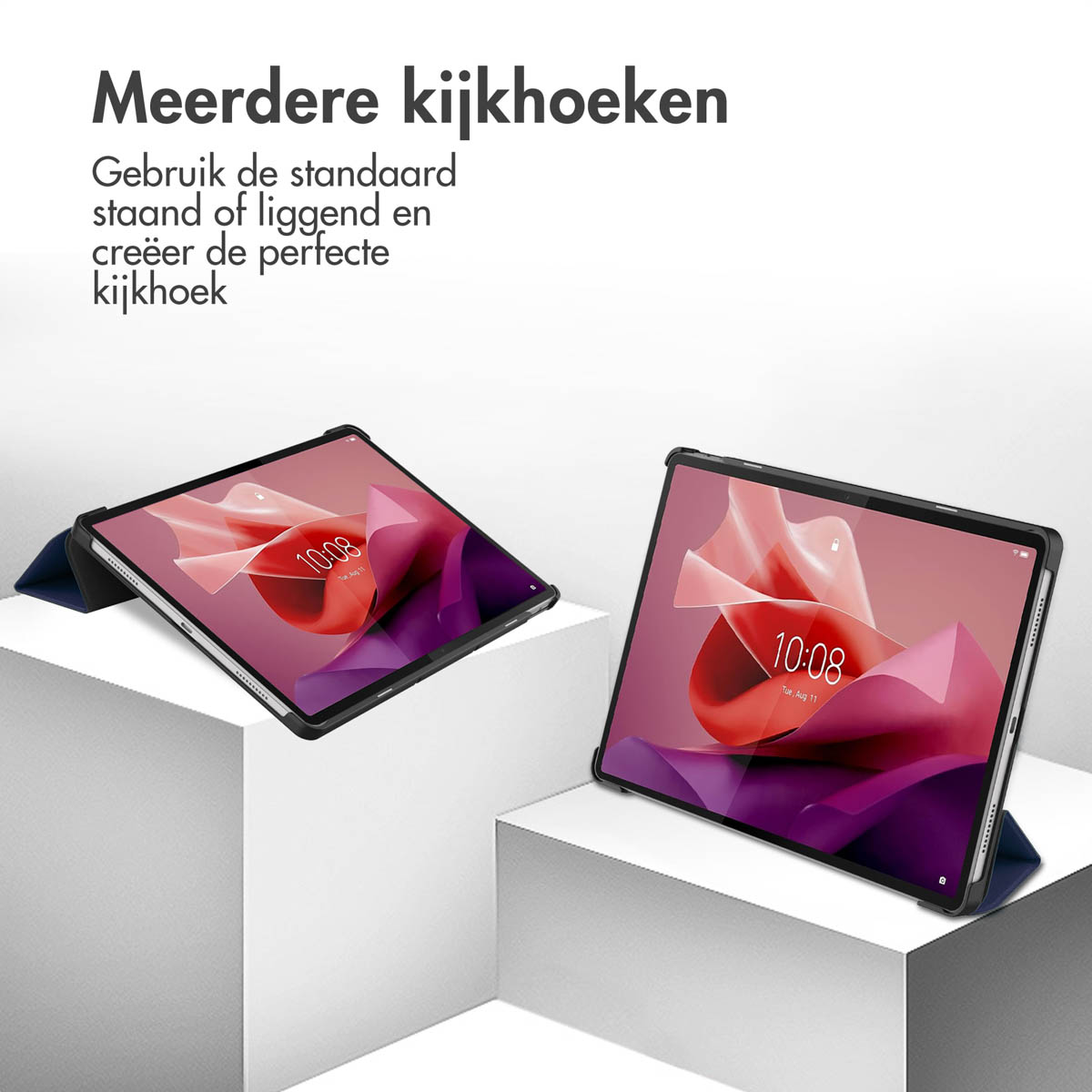Two tablets in cases on white platforms, text above: Multiple viewing angles.