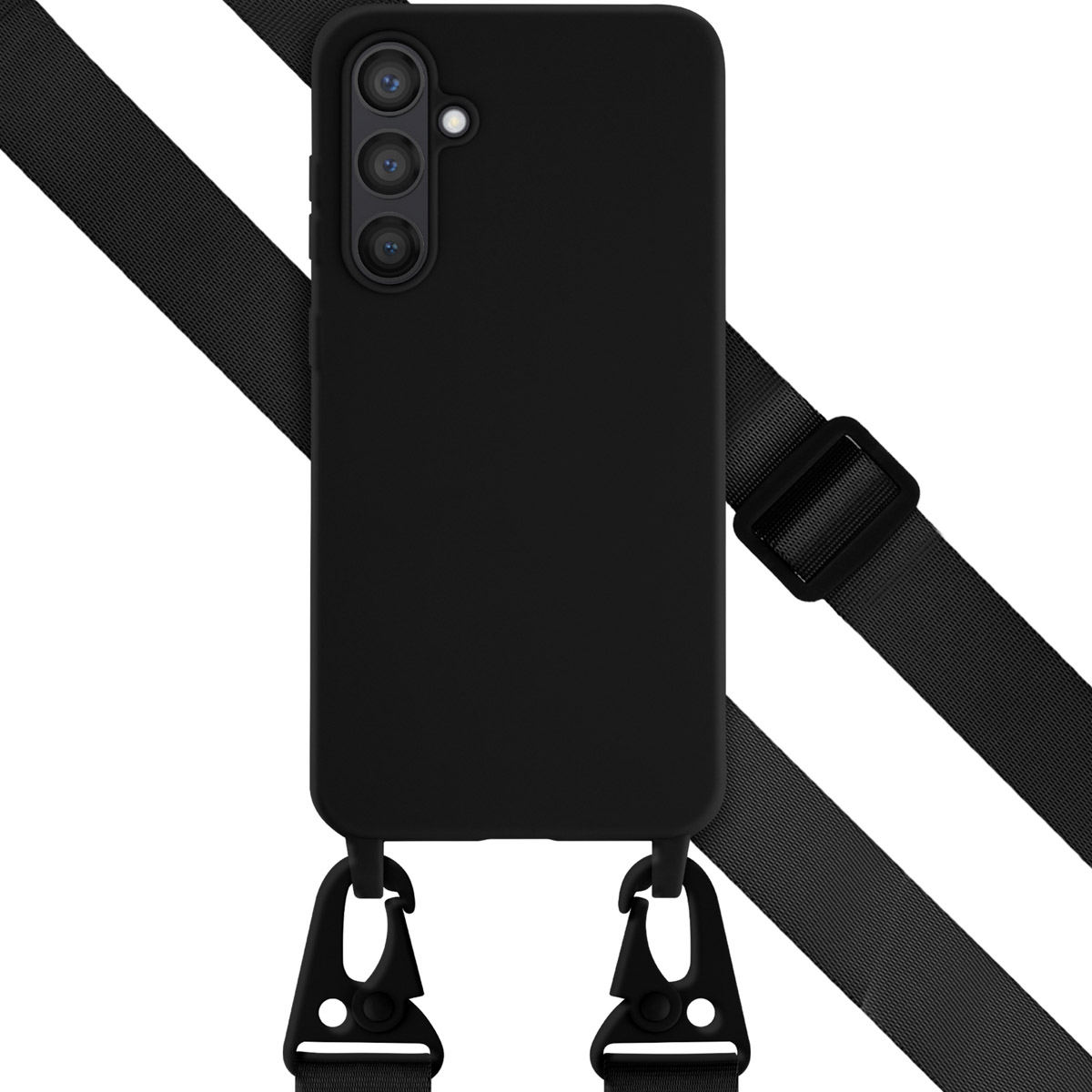 Une coque de téléphone noire avec une sangle. La coque a trois trous pour la caméra et deux crochets pour la sangle.