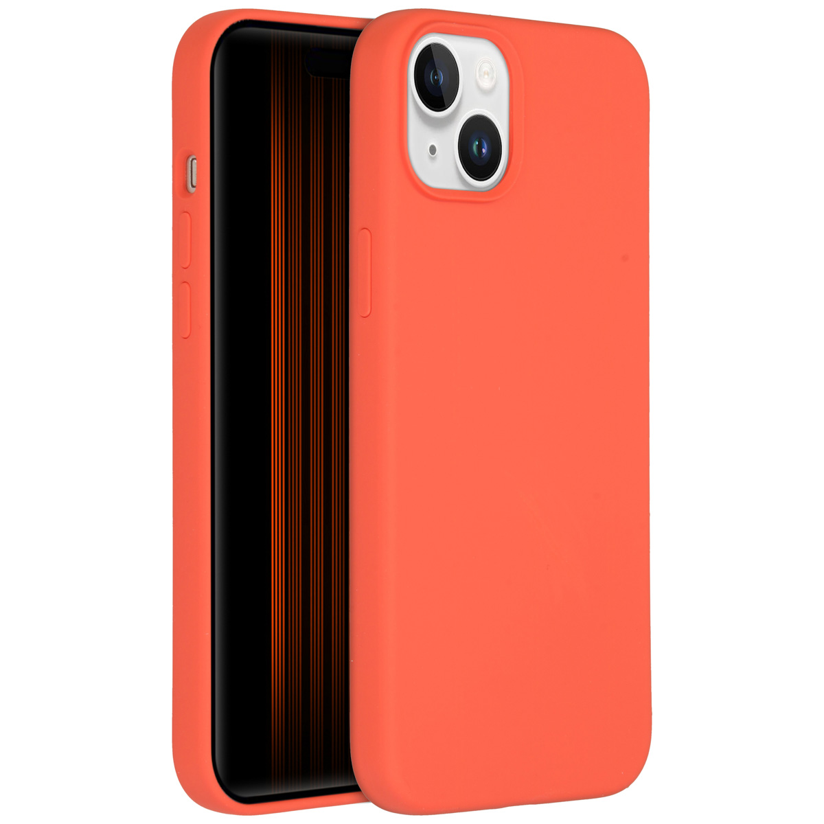 Oranje telefoonhoesje. Er is een smartphone met een zwart scherm zichtbaar.