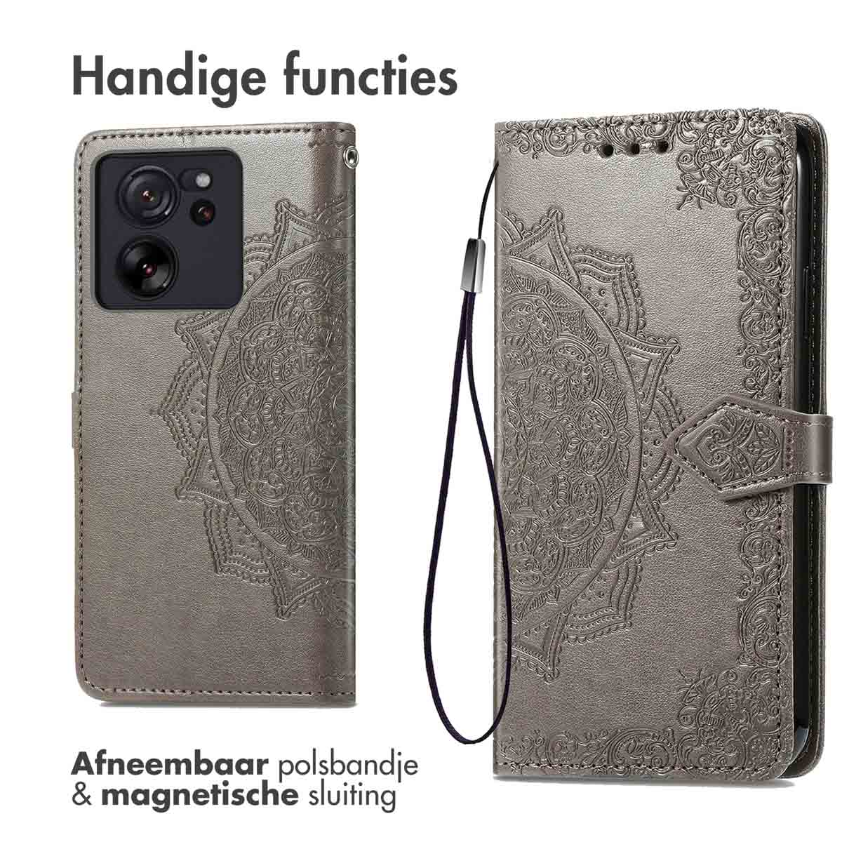 Telefoonhoesje, open en dicht, met een mandala-ontwerp. Het heeft een afneembare polsband en magnetische sluiting.