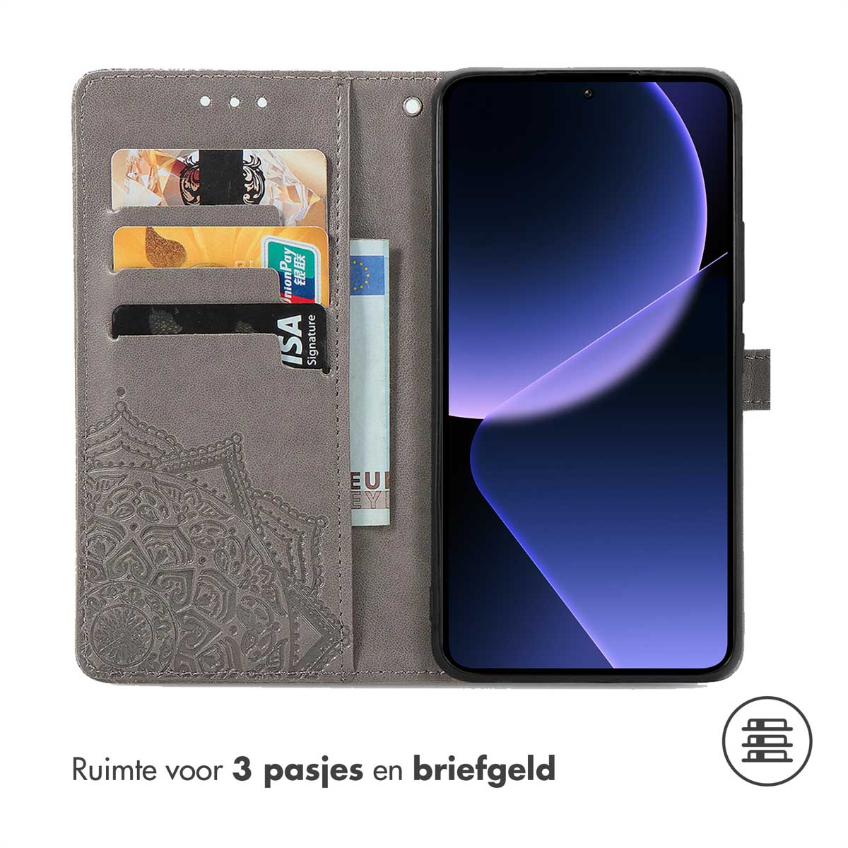 Telefoonhoesje met kaartsleuven, geld en telefoon. Open weergave. Grijze kleur.