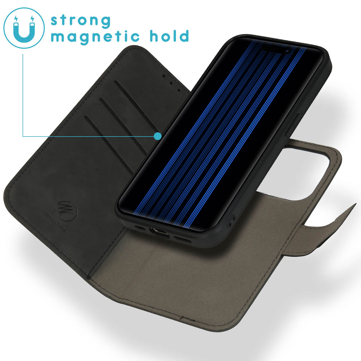 Zwarte telefoon in een zwarte hoes met sterke magneetsluiting. Grijze hoes binnenin.