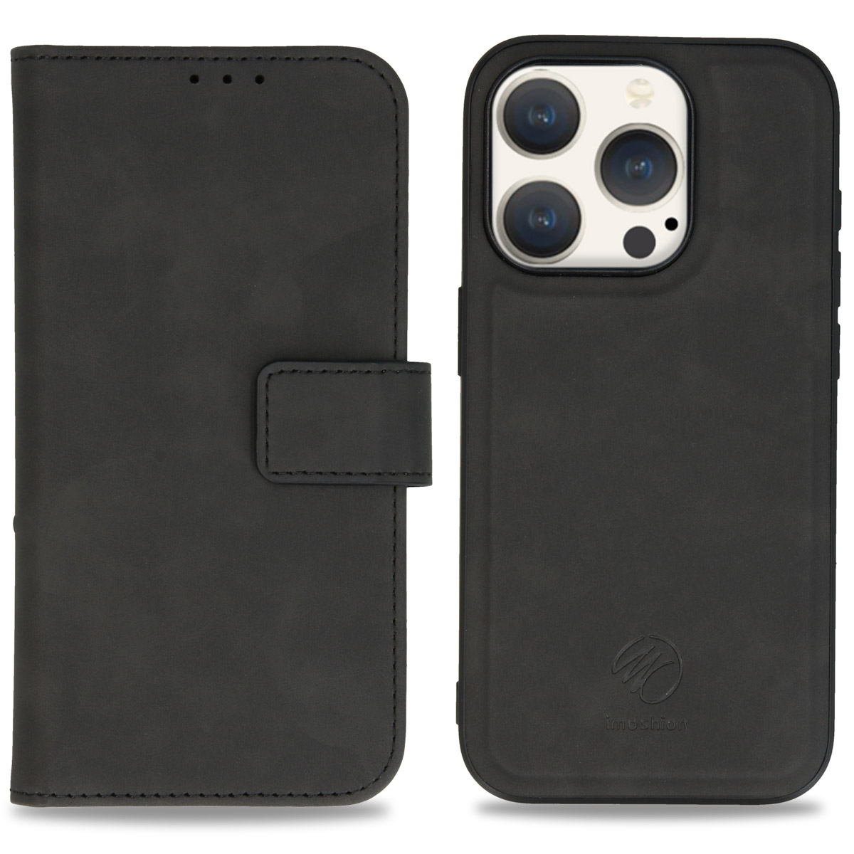 Zwarte leren telefoonhoes, open en dicht, met telefoon met drie camera's.