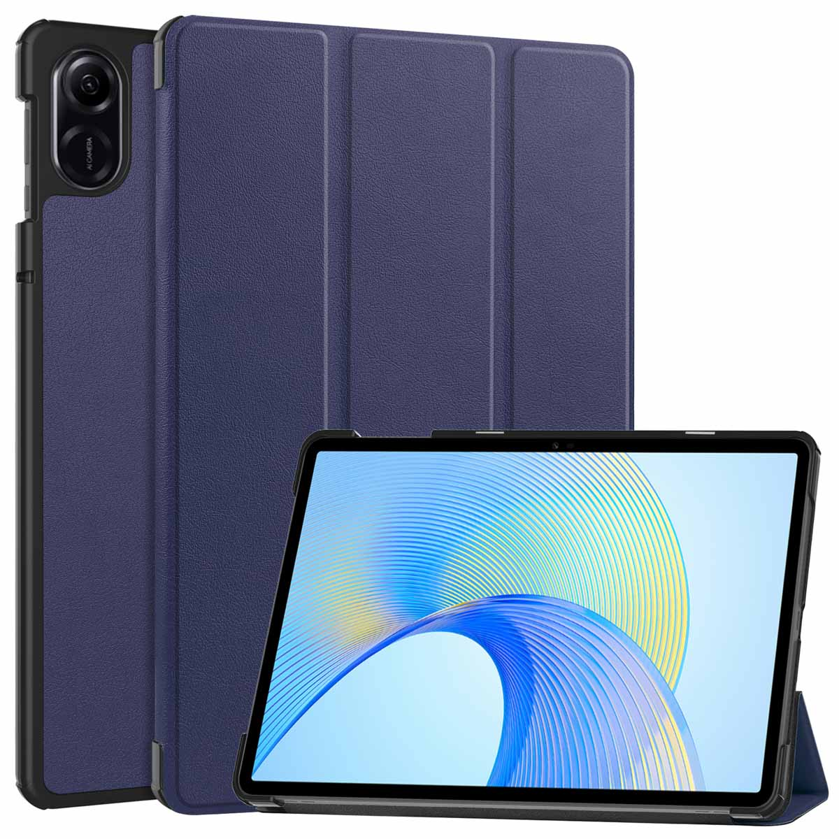 Un étui de tablette bleu et une tablette. Le fond est blanc.