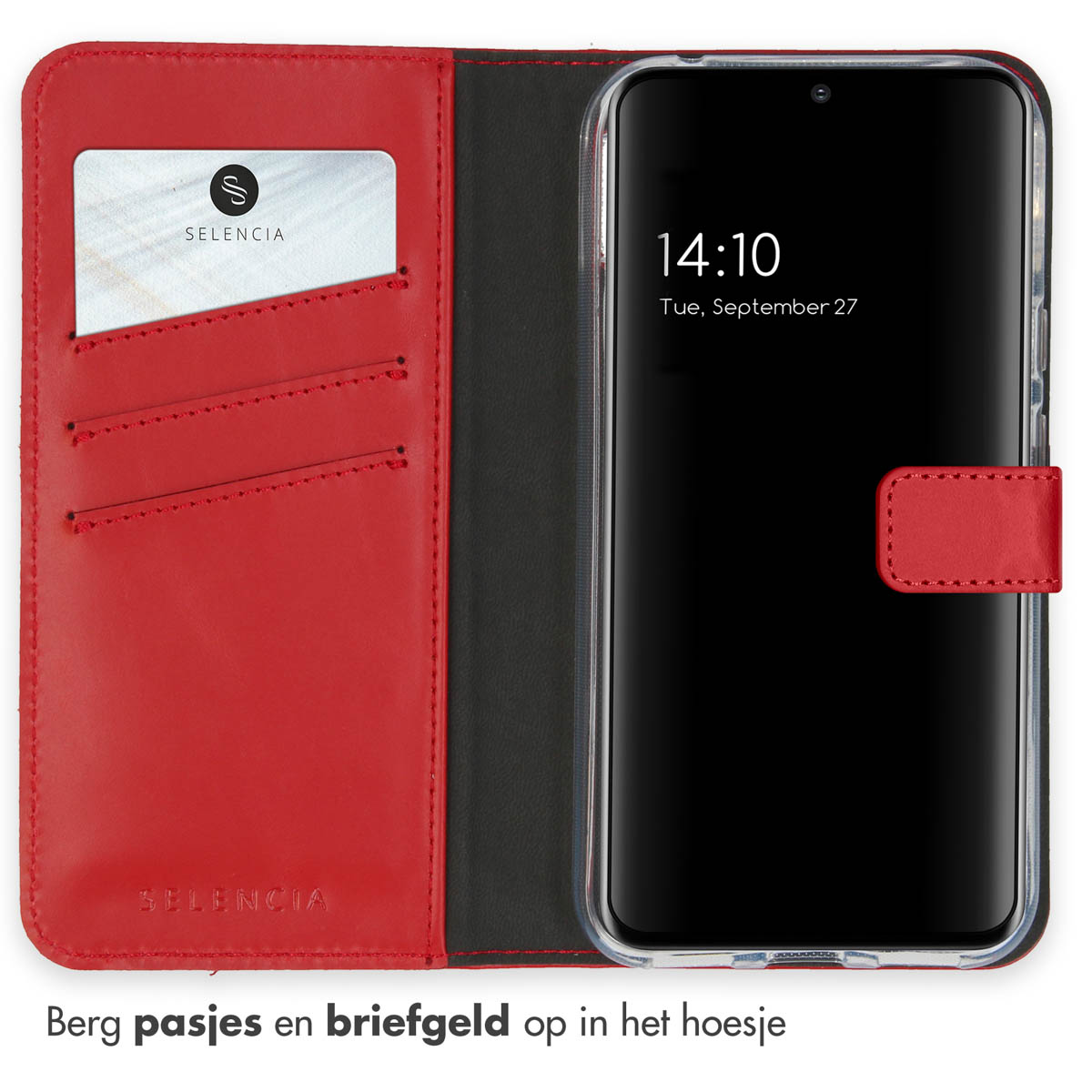 Rode leren telefoonhoes, open, met kaartsleuf en telefoon met tijdweergave.