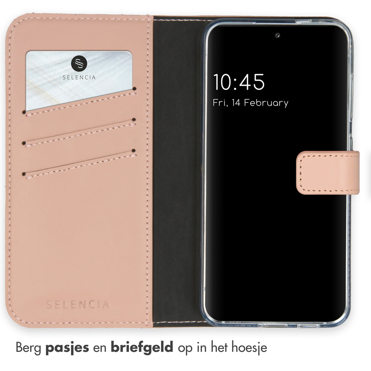 Roze telefoonhoes, open, met een kaart en een telefoon. De telefoon is zwart, de hoes roze.