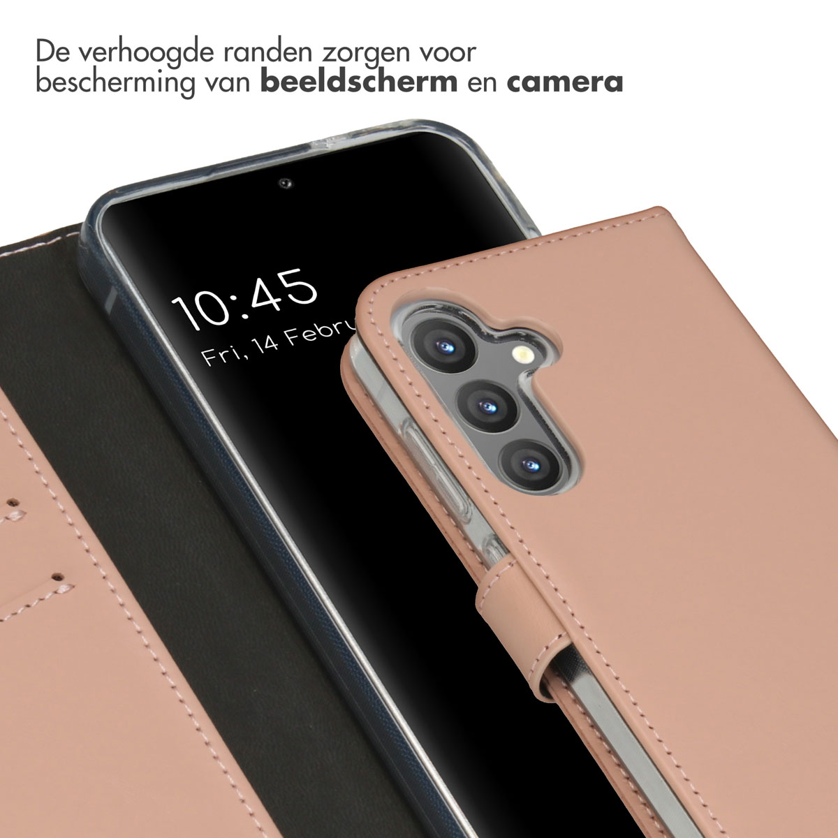 Telefoon met een hoesje, met een klok. Tekst zegt: Verhoogde randen beschermen scherm en camera.