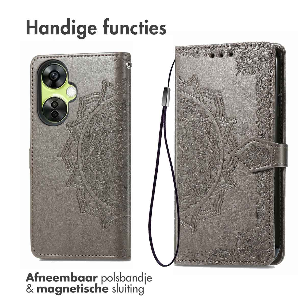 Custodia per telefono, aperta e chiusa, con design mandala. Ha un cinturino da polso staccabile e chiusura magnetica.