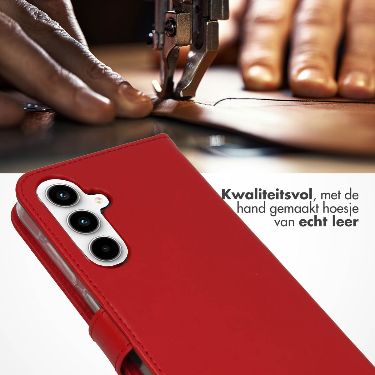 Una custodia per telefono in pelle rossa in fase di cucitura. Sono visibili una mano e una macchina da cucire.