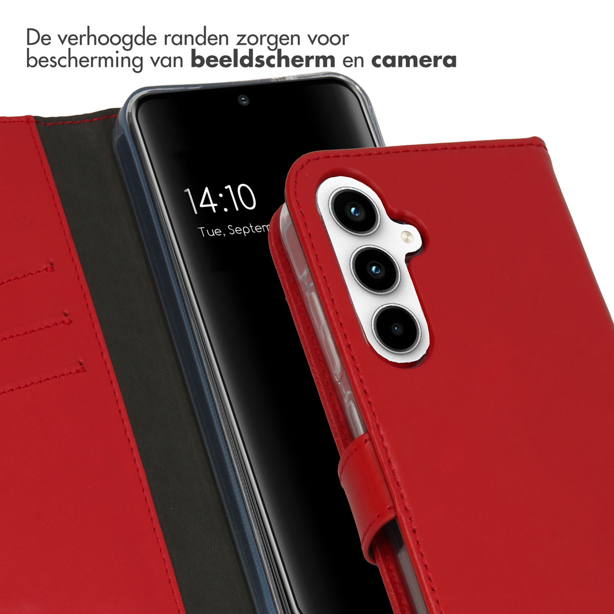 Coque de téléphone rouge avec téléphone à l'intérieur. Bords surélevés protègent l'écran et la caméra.