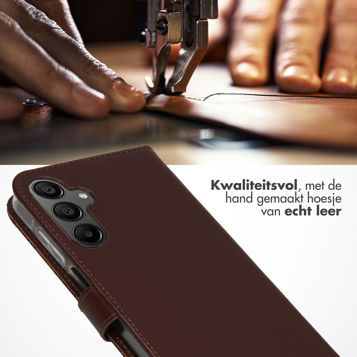 Een naaimachine die leer naait. Er wordt een bruin telefoonhoesje genaaid.