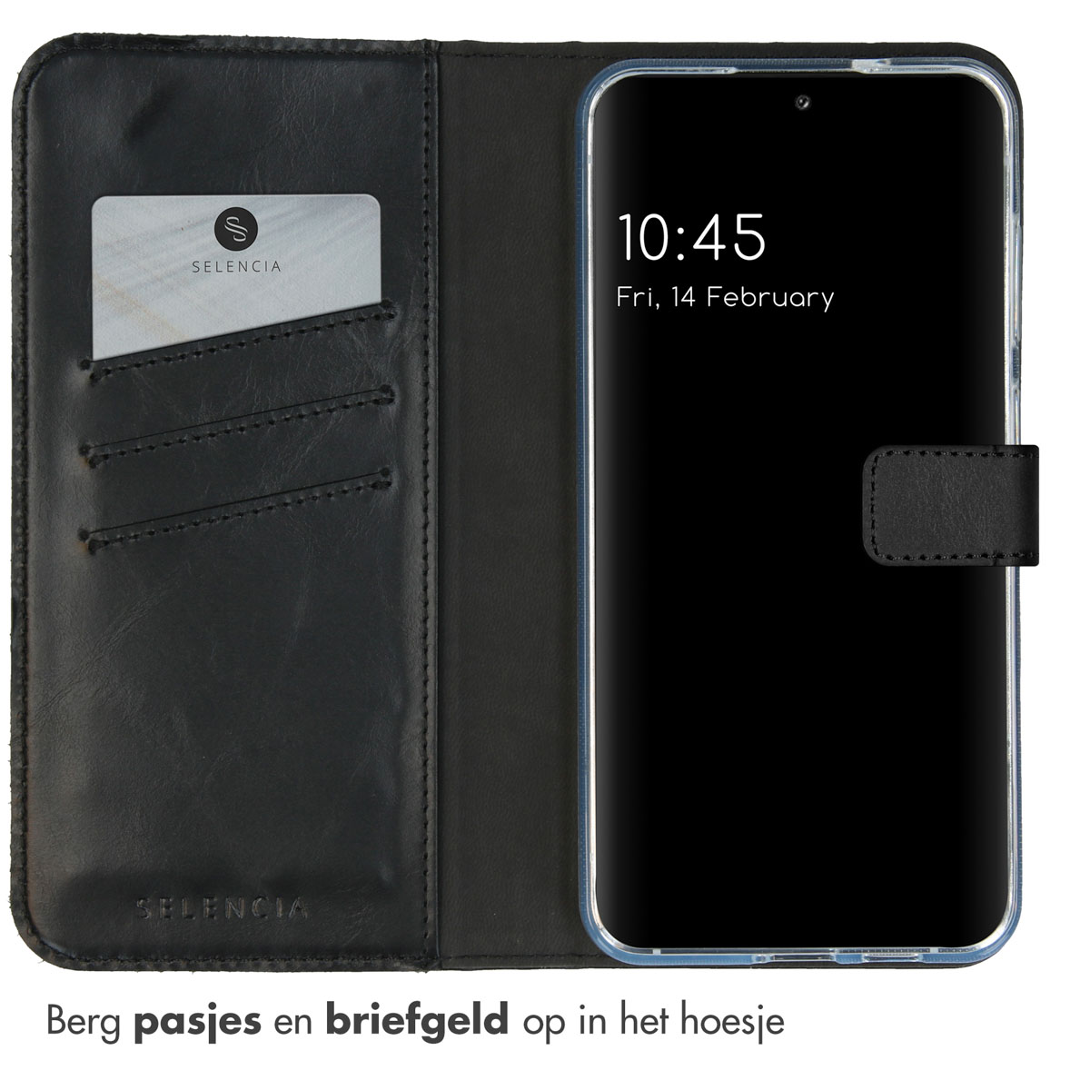 Étui portefeuille noir avec des emplacements pour cartes et un téléphone. Le téléphone affiche l'heure et la date.