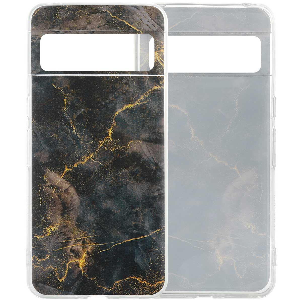 Telefoonhoesje met een zwart en goud marmerpatroon. De hoes staat op een witte achtergrond.