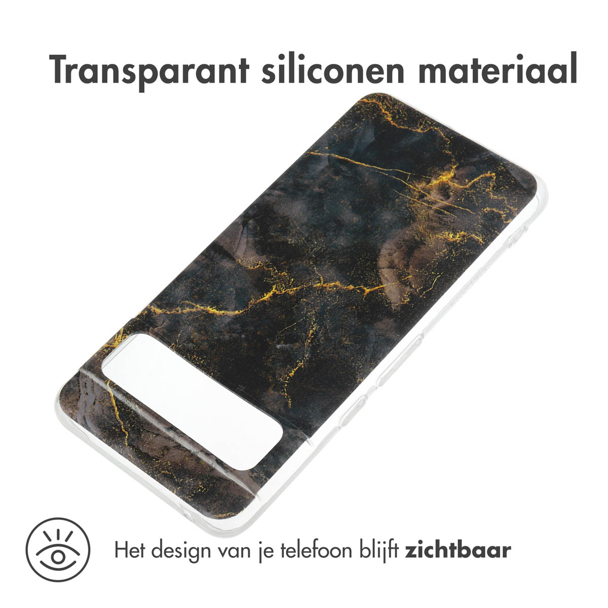 Transparante telefoonhoes met zwart en goud marmer ontwerp. Telefoon zichtbaar.