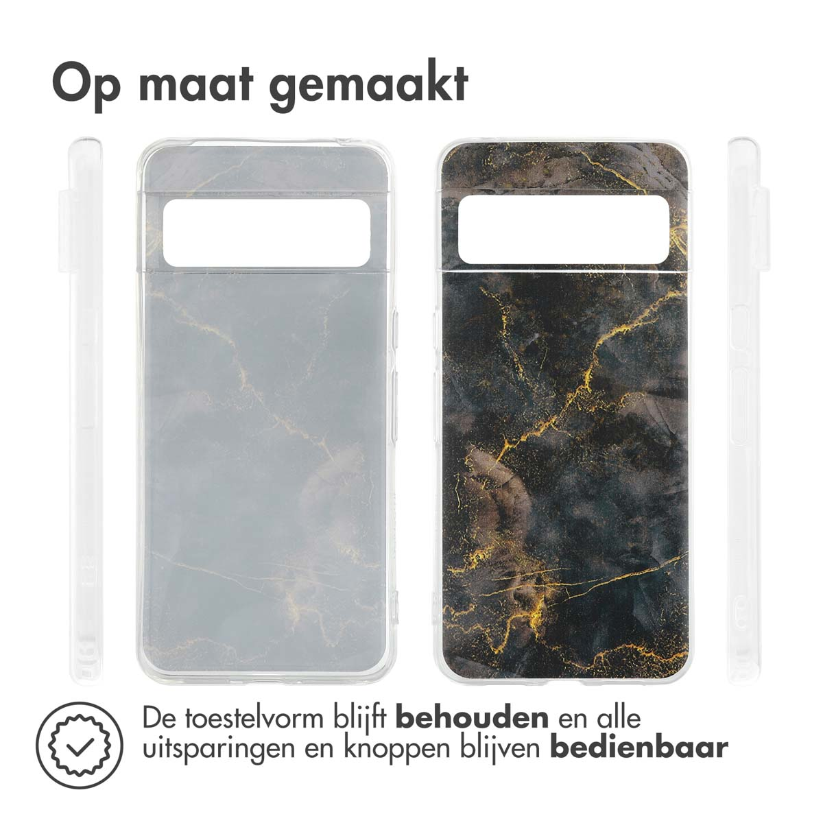Twee telefoonhoesjes, één met een zwart marmerontwerp en één transparant. Beide zijn voor dezelfde telefoon.