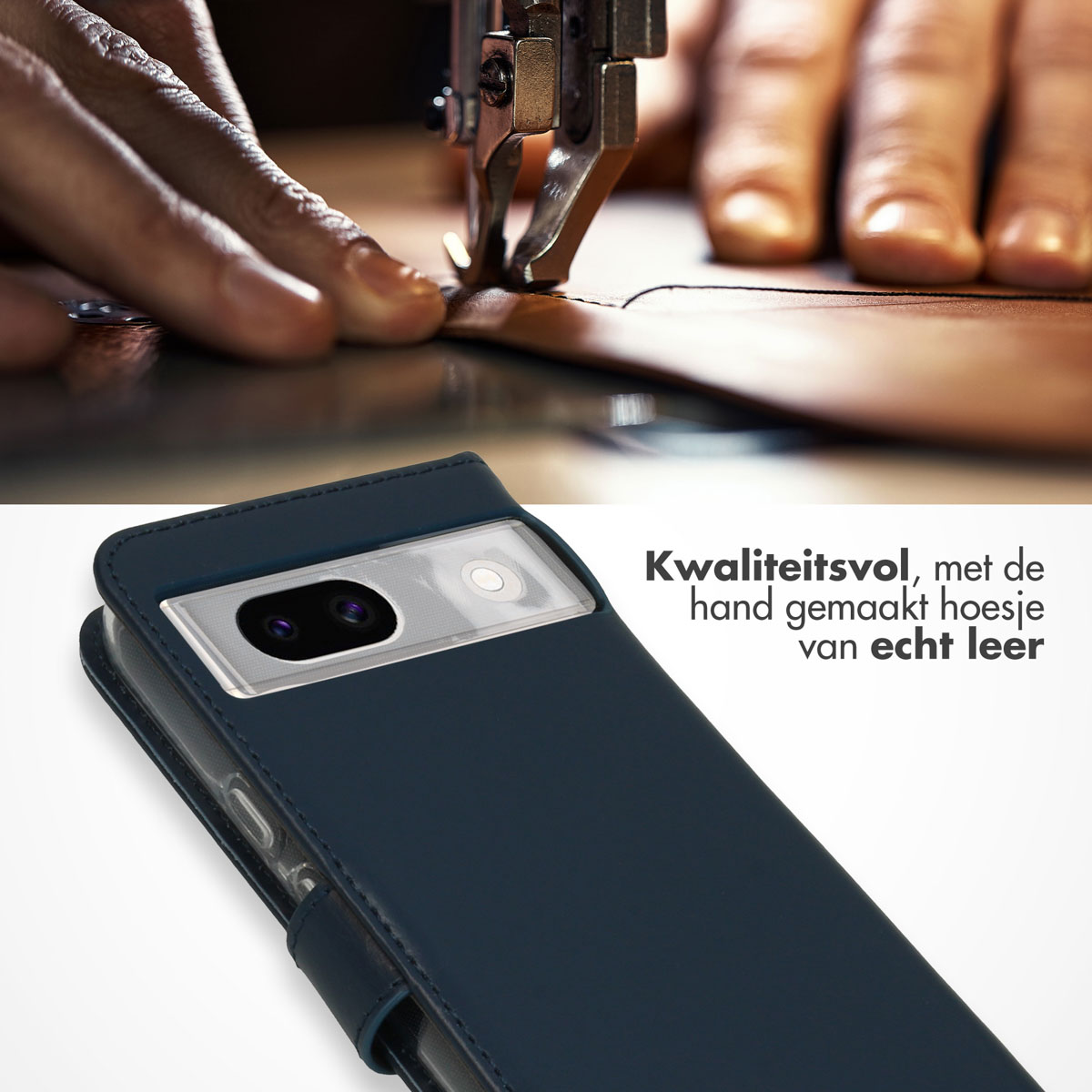 Hände nähen eine dunkelblaue Handyhülle. Nähmaschine, dunkler Hintergrund.