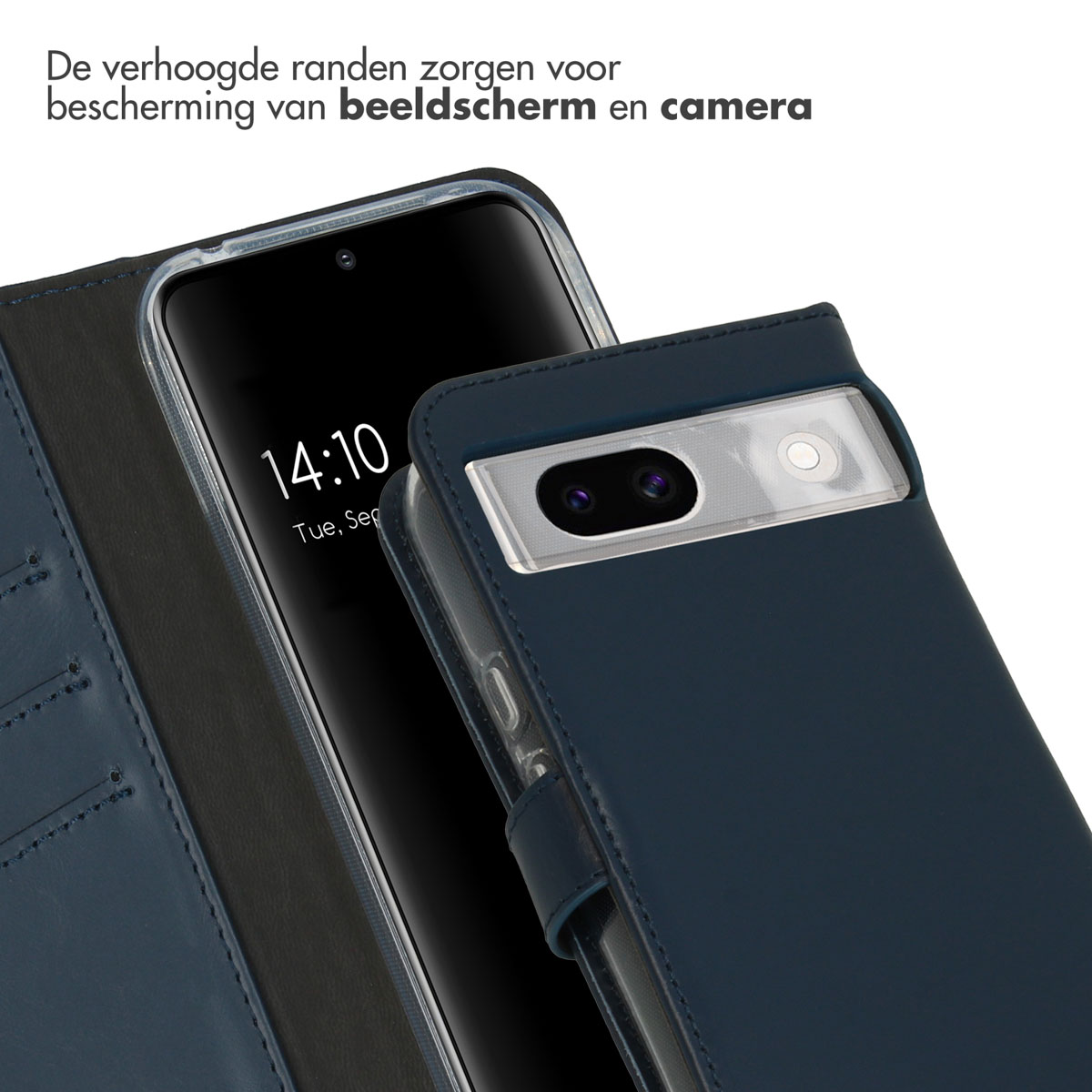 Een telefoon in een marineblauwe hoes, die het scherm van de telefoon en de hoes laat zien.