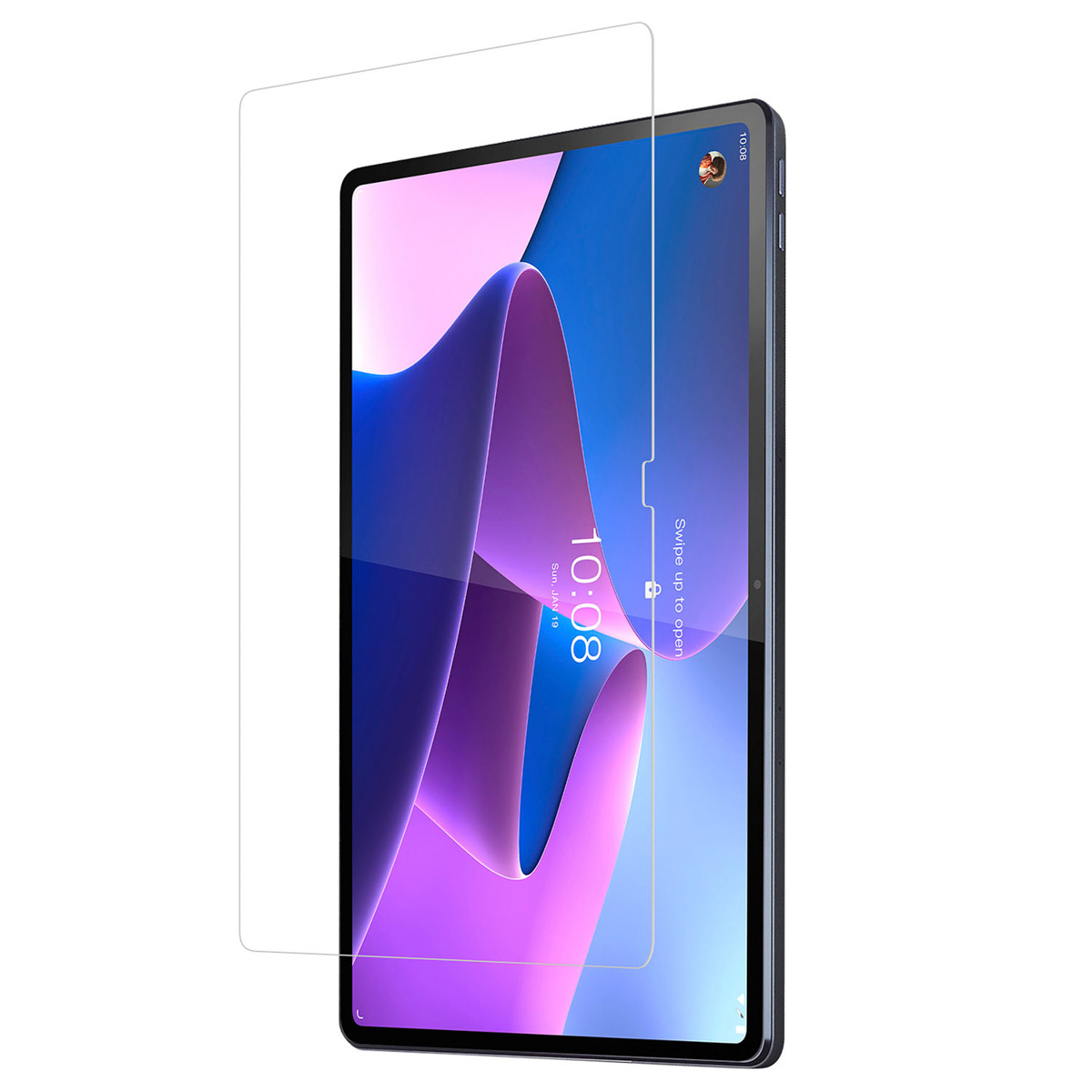 Un proteggi schermo è posizionato su un tablet. Il tablet è sul lato destro.