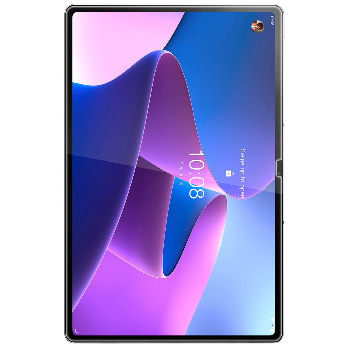 Tablet con un design a onda blu e viola sullo schermo.