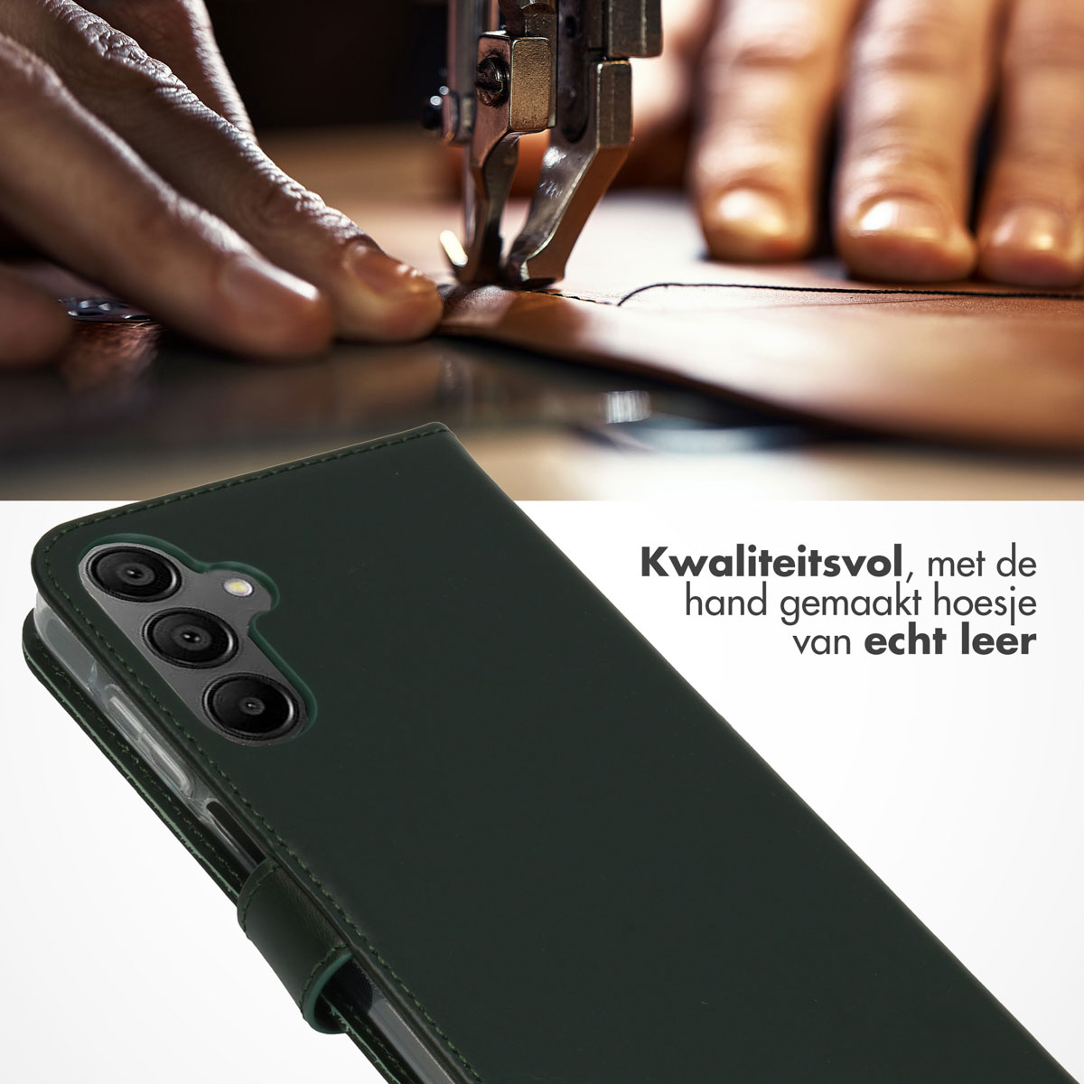 Donkergroene telefoonhoes wordt genaaid. Tekst over kwaliteit en echt leer.