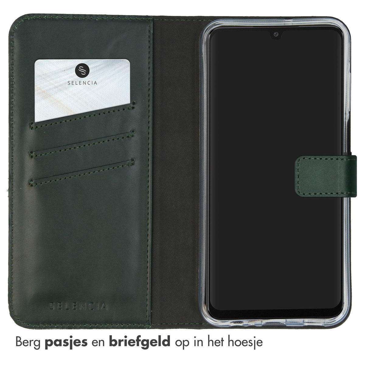 Groene telefoonhoes met een witte kaart en zwarte telefoon. Tekst: Berg pasjes en briefgeld.