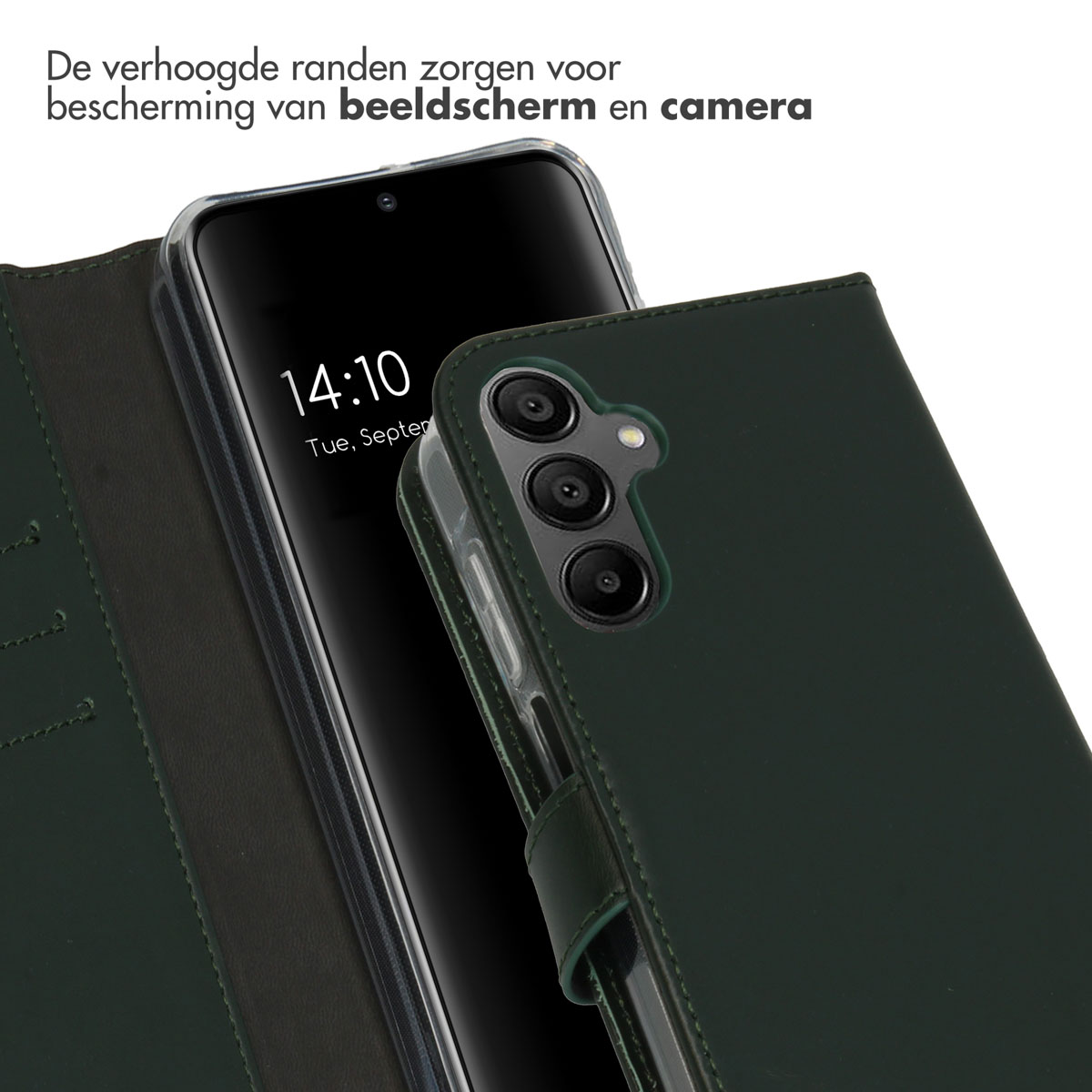 Groene telefoonhoes met een telefoon erin. De hoes heeft opstaande randen.