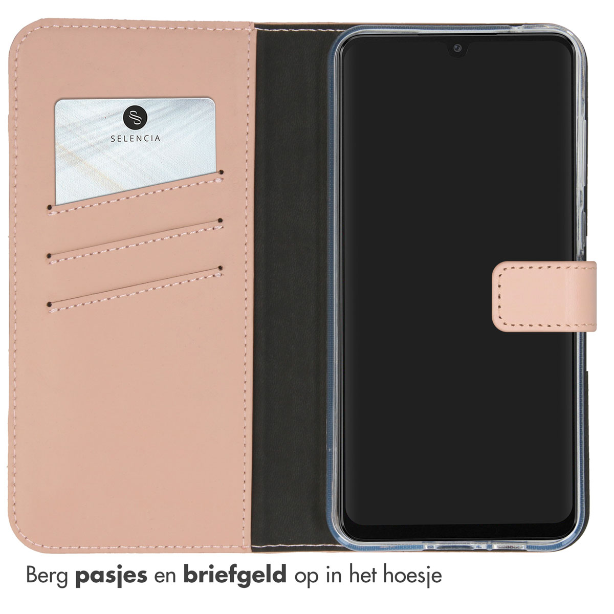 Étui de téléphone rose avec une carte blanche et un téléphone noir. Texte : Berg pasjes en briefgeld.