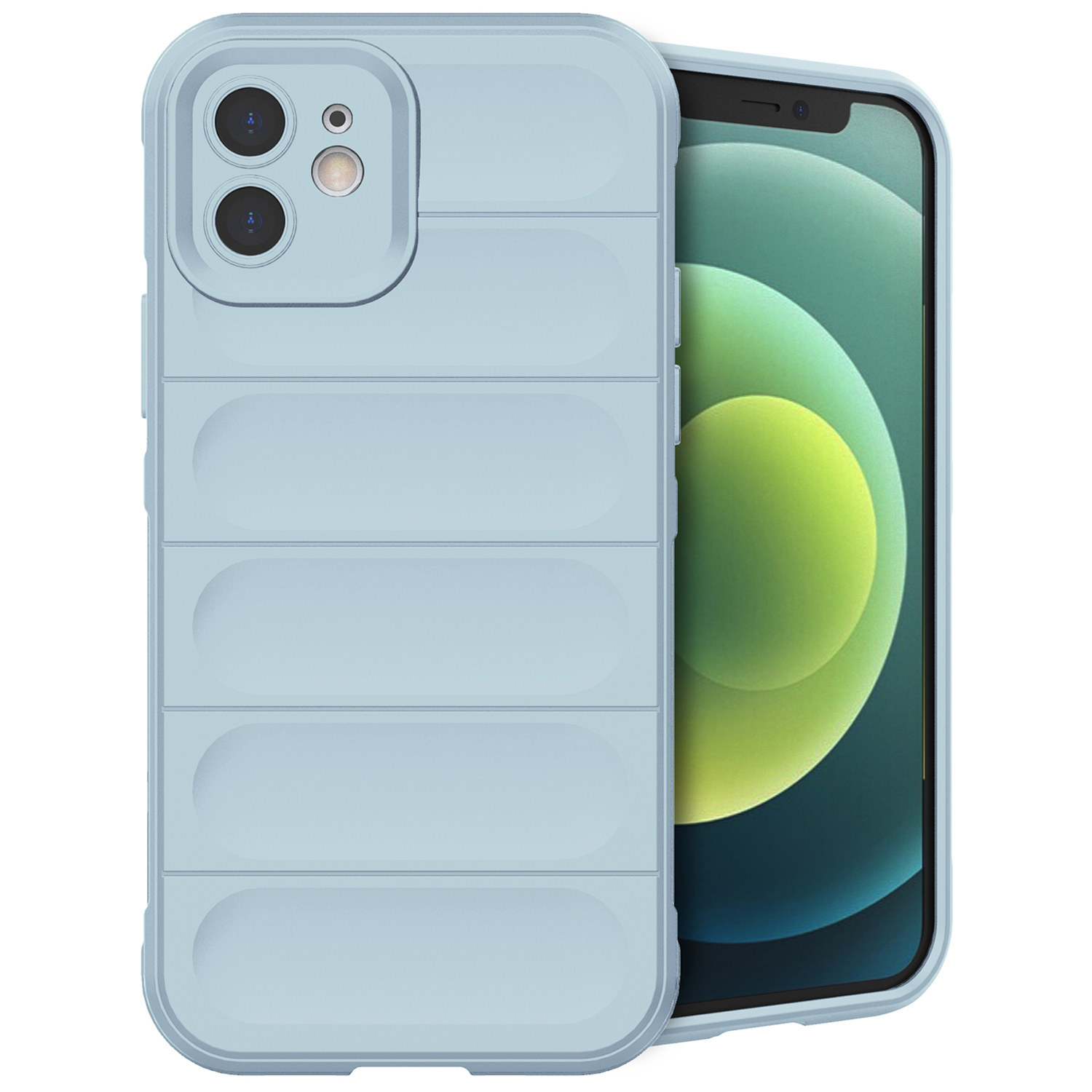 Coque de téléphone bleu clair sur un téléphone. L'étui a un design nervuré.