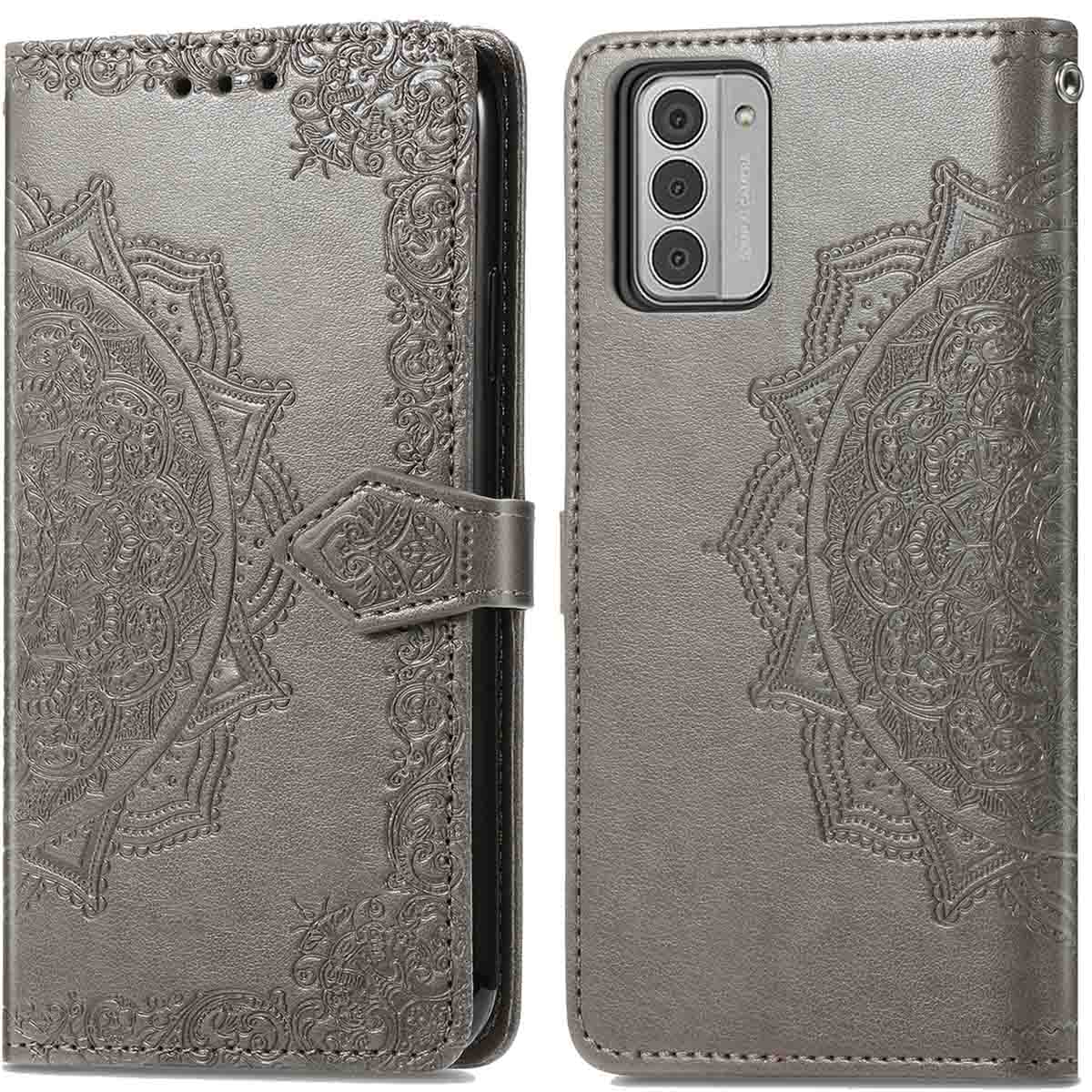 Coque de téléphone avec un motif floral. L'étui est ouvert. Le téléphone est à l'intérieur. Fond gris.