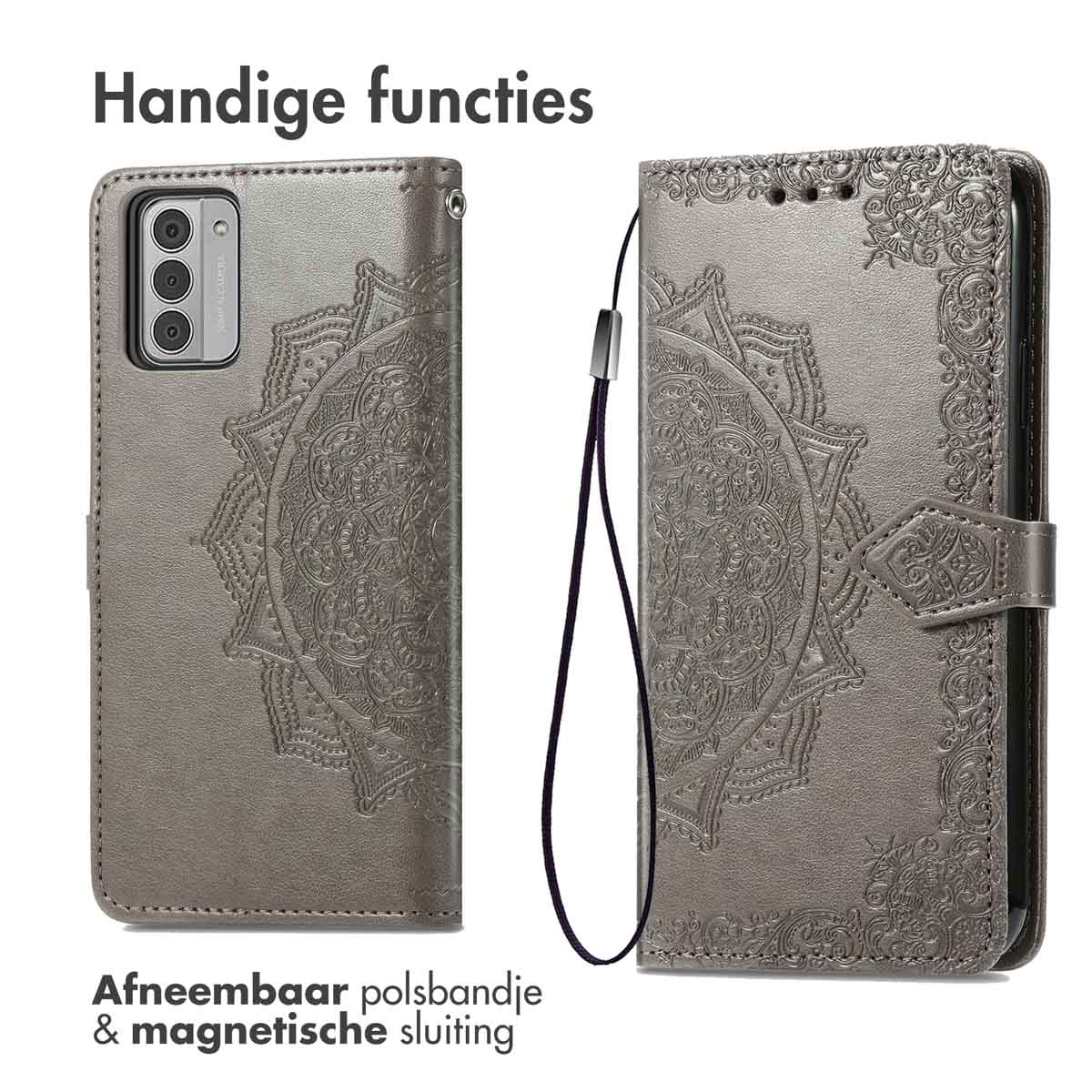 Un étui de téléphone gris avec un motif de mandala et une dragonne amovible. C'est un étui de style folio.