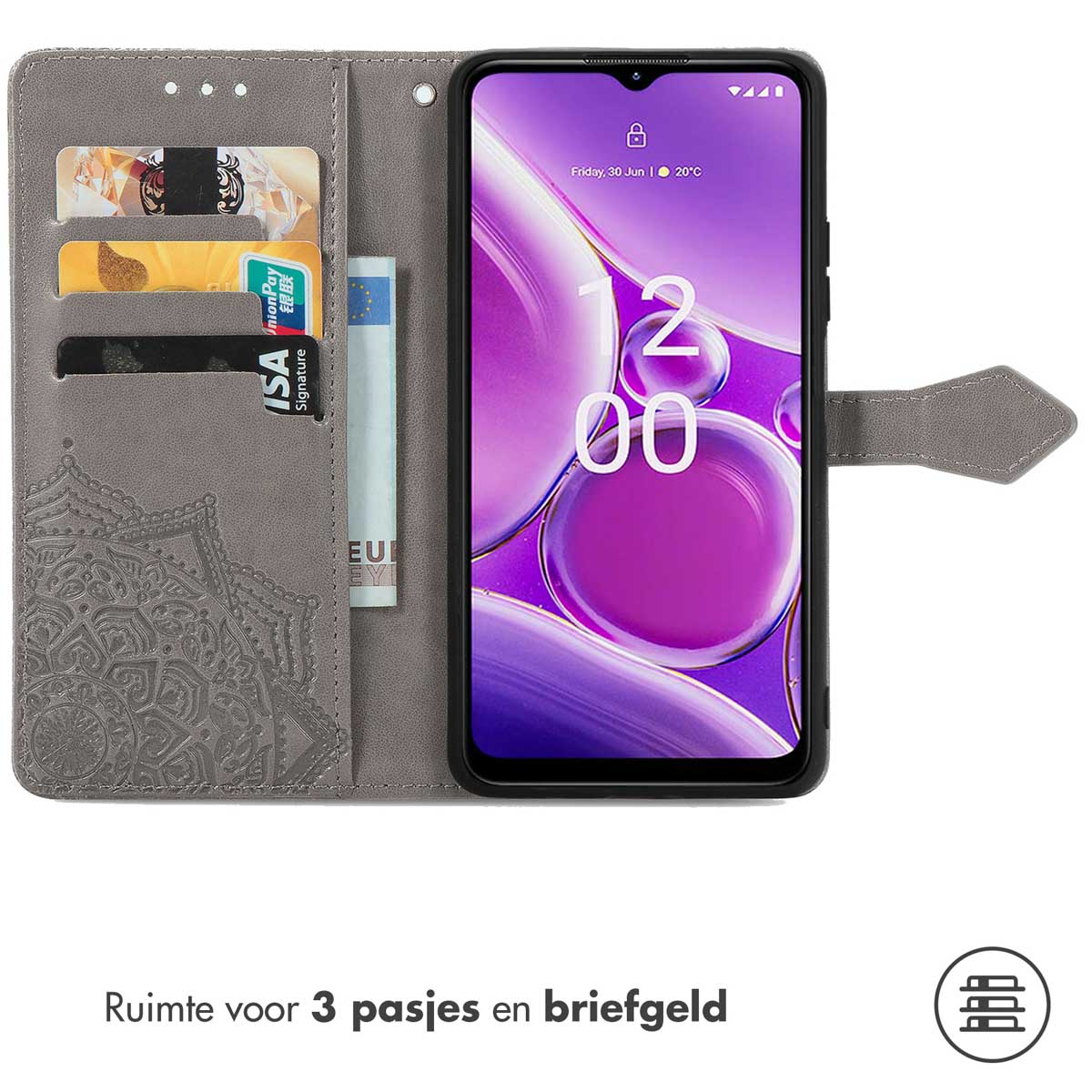 Étui de téléphone gris avec cartes et argent. Téléphone avec écran violet visible.